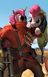 Size: 1067x1726 | Tagged: safe, artist:xafilah, derpibooru import, pinkie pie, earth pony, human, pony, g4, /mlp/ tf2 general, 2fort, 3d, female, flamethrower, gmod, magical mercenary, mare, pyro (tf2), source filmmaker, team fortress 2, weapon