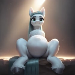 Size: 1024x1024 | Tagged: safe, ai content, derpibooru import, machine learning assisted, machine learning generated, cloudy quartz, earth pony, pony, g4, belly, big belly, black sky, female, light, long hair, mare, pregnant, prompter:jaguarcalamitydejv, rock, sitting, sitting on rock, solo