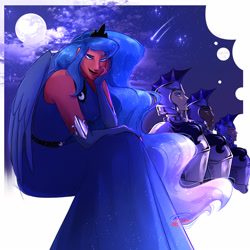 Size: 1600x1600 | Tagged: safe, artist:btanimator, derpibooru import, princess luna, human, g4, armor, clothes, crown, dark skin, dress, ethereal mane, eyebrows, eyeshadow, gloves, humanized, jewelry, long gloves, looking at you, makeup, moon, night guard, night guard armor, raised eyebrow, regalia, sitting, winged humanization, wings