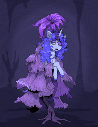 Size: 1748x2273 | Tagged: safe, artist:paskanaakka, derpibooru exclusive, derpibooru import, oc, oc only, oc:midnight dew, unicorn, colored hooves, elden ring, female, flower, flower pony, hooves, horn, lidded eyes, mare, saint trina, solo, unshorn fetlocks