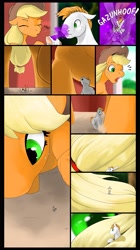 Size: 2289x4096 | Tagged: safe, artist:elcaballooscuro, derpibooru import, applejack, oc, oc:vanilla beam, pony, g4, comic, female, giant pony, larger female, macro, male, micro, shrinking, shrunken, size difference, smaller male