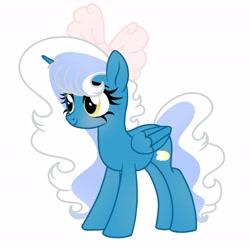 Size: 6890x6890 | Tagged: safe, artist:riofluttershy, derpibooru import, oc, oc only, oc:fleurbelle, alicorn, pony, alicorn oc, blue coat, blushing, bow, eyelashes, female, folded wings, golden eyes, green eyes, hair accessory, hair bow, horn, long mane, long tail, mane accessory, mare, pink bow, simple background, smiling, solo, tail, two toned mane, two toned tail, wavy mane, wavy tail, white background, white mane, white tail, wings