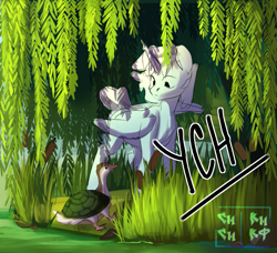 Size: 1451x1326 | Tagged: safe, artist:zaka, derpibooru import, oc, oc only, alicorn, bird, duck, earth pony, pegasus, pony, unicorn, commission, forest, horn, nature, pony oc, solo, swamp, tree, willow, your character here