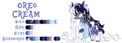 Size: 1280x451 | Tagged: safe, artist:stellaartist13, derpibooru import, oc, oc:oreo cream, pegasus, pony, clothes, colored wings, female, horns, mare, reference sheet, scarf, simple background, socks, solo, transparent background, two toned wings, wings