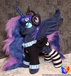 Size: 2161x2304 | Tagged: safe, artist:1stastrastudio, derpibooru import, princess luna, pony, g4, clothes, ear piercing, earring, hairpin, headphones, hoodie, irl, jewelry, luna's crown, photo, piercing, plushie, socks, solo, striped socks