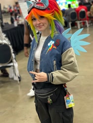 Size: 3024x4032 | Tagged: safe, artist:brinycosplay, derpibooru import, rainbow dash, human, g4, clothes, cosplay, costume, cutie mark on clothes, irl, irl human, multicolored hair, otakon, otakon 2023, photo, rainbow hair