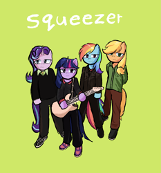 Size: 1845x1979 | Tagged: safe, artist:lemomew, derpibooru import, applejack, rainbow dash, starlight glimmer, twilight sparkle, anthro, g4, album cover, clothes, green background, guitar, musical instrument, shoes, simple background, weezer