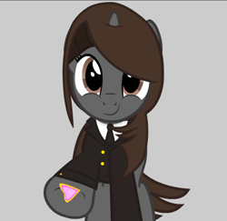 Size: 433x421 | Tagged: safe, artist:mrvector, derpibooru import, oc, oc only, oc:sonata, pony, unicorn, badge, clothes, cute, elements of justice, female, gray background, horn, looking at you, mare, simple background, smiling, smiling at you, solo, suit, turnabout storm, vector