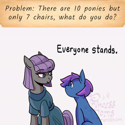 Size: 2166x2166 | Tagged: safe, artist:overlordneon, derpibooru import, maud pie, oc, oc:glam rock, pegasus, pony, g4, anti-joke, ask, dialogue, duo, eyebrows, eyebrows visible through hair, female, foal, magical lesbian spawn, magical threesome spawn, mother and child, multiple parents, offspring, parent and child, parent:maud pie, parent:starlight glimmer, parent:trixie, parents:starmauxie, simple background, text, white background