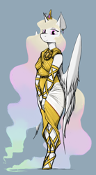 Size: 1360x2468 | Tagged: safe, artist:sinrar, derpibooru import, princess celestia, alicorn, anthro, unguligrade anthro, alternate hair color, arm wraps, clothes, dress, ethereal mane, ethereal tail, female, gray background, jewelry, leg wraps, mare, simple background, solo, tail, tiara