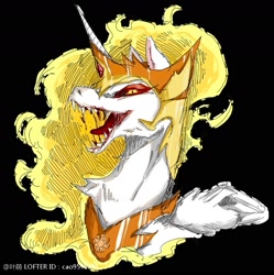 Size: 1854x1864 | Tagged: safe, artist:叶荫, derpibooru import, daybreaker, alicorn, pony, g4, black background, blood, crown, fangs, female, jewelry, looking at you, mane of fire, mare, open mouth, regalia, signature, simple background, solo