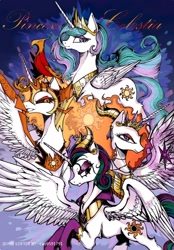 Size: 1856x2674 | Tagged: safe, artist:叶荫, derpibooru import, idw, daybreaker, nightmare star, princess celestia, alicorn, pony, g4, reflections, spoiler:comic, concave belly, empress celestia, evil celestia, evil counterpart, female, mane of fire, mare, mirror universe, slender, thin