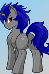 Size: 1000x1500 | Tagged: safe, ai content, artist:rugalack moonstar, derpibooru import, machine learning assisted, oc, oc only, oc:enigan, pony, unicorn, butt, featureless crotch, gradient background, horn, male, plot, red eyes, solo, stallion