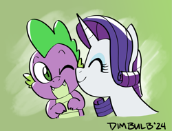 Size: 989x751 | Tagged: safe, artist:dimbulb, derpibooru import, rarity, spike, dragon, pony, unicorn, g4, age difference, cute, duo, duo male and female, eyes closed, female, horn, kiss on the cheek, kissing, male, platonic kiss, shipping, smiling, sparity, spikabetes, spikelove, straight, wingless spike