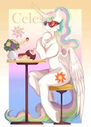 Size: 1856x2572 | Tagged: safe, artist:叶荫, derpibooru import, princess celestia, alicorn, semi-anthro, g4, cake, cake slice, coconut, flower, food, rose, sitlestia, sitting, solo, sunglasses