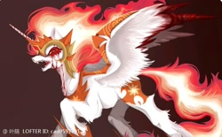 Size: 1868x1160 | Tagged: safe, artist:叶荫, derpibooru import, daybreaker, alicorn, pony, g4, anatomically incorrect, bleeding, blood, concave belly, fangs, female, incorrect leg anatomy, injured, mane of fire, mare, open mouth, signature, solo, spread wings, wings