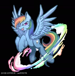 Size: 1858x1888 | Tagged: safe, artist:叶荫, derpibooru import, rainbow dash, pegasus, pony, g4, black background, flying, simple background, smiling, solo, sonic rainboom