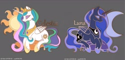 Size: 3724x1800 | Tagged: safe, artist:叶荫, derpibooru import, princess celestia, princess luna, alicorn, g4, duo, duo female, eyes closed, female, moon, royal sisters, siblings, sisters, sun