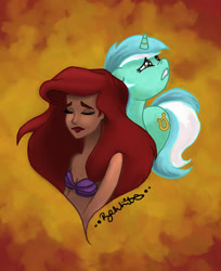 Size: 400x490 | Tagged: safe, artist:ekkiart, derpibooru import, lyra heartstrings, pony, unicorn, g4, 2014, ariel, crossover, disney, disney princess, duo, duo female, female, horn, mare, the little mermaid