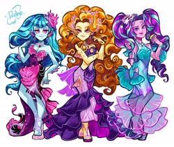 Size: 2048x1737 | Tagged: safe, artist:libbly_libby, derpibooru import, adagio dazzle, aria blaze, sonata dusk, human, hybrid, siren, equestria girls, g4, alternate hairstyle, arm fins, bra, breasts, cleavage, clothes, commission, conch shell, coral, cyan eyeshadow, disguise, disguised siren, dress, ear fins, ear piercing, earring, eyeshadow, fangs, female, fin ears, fins, gem, hair beads, hair jewelry, high heels, jewelry, leg fins, looking at you, loose hair, makeup, mermaid dress, monster high, nail polish, necklace, pearl, pearl necklace, piercing, pigtails, pink eyeshadow, platform heels, platform shoes, pose, ruffles, scales, seashell, seashell bra, shoes, simple background, siren gem, smiling, smiling at you, standing, starfish, the dazzlings, trio, trio female, underwear, webbed fingers, white background