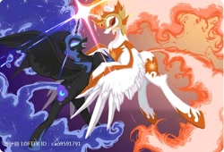 Size: 1890x1288 | Tagged: safe, artist:叶荫, derpibooru import, daybreaker, nightmare moon, alicorn, pony, g4, crossed horns, duel, duo, duo female, female, fight, horn, horns are touching, looking at each other, looking at someone, mane of fire, mare