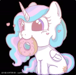 Size: 1880x1862 | Tagged: safe, artist:叶荫, derpibooru import, princess celestia, alicorn, pony, g4, black background, cewestia, cute, cutelestia, donut, female, filly, foal, food, heart, simple background, solo, weapons-grade cute, younger