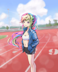 Size: 2000x2500 | Tagged: safe, artist:nattapong yotkhruea, artist:nattapongyotkhruea, derpibooru import, rainbow dash, human, g4, belly, belly button, breasts, cleavage, clothes, cloud, female, humanized, jacket, looking at you, midriff, outdoors, race track, shorts, sky, solo, sports shorts