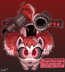 Size: 1130x1252 | Tagged: safe, artist:uteuk, derpibooru import, oc, oc only, oc:cherry pi, pony, robot, robot pony, commission, female, filly, foal, gradient background, gun, looking at you, not sweetie bot, solo, speech bubble, weapon