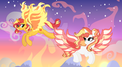 Size: 1280x707 | Tagged: safe, artist:velveagicsentryyt, derpibooru import, sunset shimmer, oc, oc:shine brine, alicorn, pony, g4, alicornified, backwards cutie mark, colored wings, duo, duo female, female, fiery wings, flying, mother and child, mother and daughter, offspring, parent and child, parent:fire streak, parent:sunset shimmer, parents:sunsetstreak, race swap, shimmercorn, spread wings, two toned wings, wings