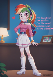 Size: 2737x4000 | Tagged: safe, ai content, derpibooru import, generator:pony diffusion v6 xl, generator:stable diffusion, machine learning generated, rainbow dash, sweetie belle, human, equestria girls, g4, clopfic in description, duo, duo female, fanfic art, female, prompter:kimberlite, rainbow dash always dresses in style, story in the source, story included, text, tl;dr, tomboy taming