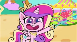 Size: 1170x645 | Tagged: safe, derpibooru import, screencap, princess cadance, alicorn, pony, g4, g4.5, my little pony: pony life, what goes updo, female, mare, open mouth, open smile, scissors, smiling, solo