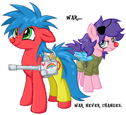 Size: 499x456 | Tagged: safe, artist:muffinz, derpibooru import, oc, oc only, oc:blue circle, oc:red circle, earth pony, pony, /mlp/, clothes, duo, eyepatch, female, gun, machine gun, siblings, simple background, sisters, transparent background, uniform, weapon