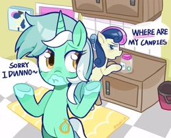 Size: 2192x1761 | Tagged: safe, artist:rlabbiy, derpibooru import, bon bon, lyra heartstrings, sweetie drops, earth pony, pony, unicorn, belly, bin, bipedal, blatant lies, candy, duo, duo female, female, food, horn, jar, kitchen, l.u.l.s., mare, open mouth, rug, shrug, text