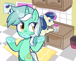 Size: 2192x1761 | Tagged: safe, alternate version, artist:rlabbiy, derpibooru import, bon bon, lyra heartstrings, sweetie drops, earth pony, pony, unicorn, belly, bin, bipedal, candy, duo, duo female, female, food, horn, jar, kitchen, mare, open mouth, rug, shrug, textless, textless version