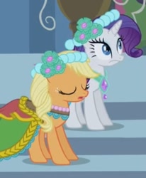 Size: 468x568 | Tagged: safe, derpibooru import, screencap, applejack, rarity, earth pony, pony, unicorn, a canterlot wedding, g4, season 2, alternate hairstyle, bridesmaid, bridesmaid dress, bridesmaids, canterlot, canterlot castle, clothes, cropped, dress, duo, duo female, eyes closed, female, floral head wreath, flower, flower in hair, gown, horn, mare, royal wedding, shocked, stairs, surprised