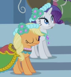 Size: 495x536 | Tagged: safe, derpibooru import, screencap, applejack, rarity, earth pony, pony, unicorn, a canterlot wedding, g4, alternate hairstyle, bridesmaid, bridesmaid dress, bridesmaids, canterlot, canterlot castle, clothes, cropped, dress, duo, duo female, eyes closed, female, floral head wreath, flower, flower in hair, gown, horn, mare, royal wedding, shocked, stairs, surprised