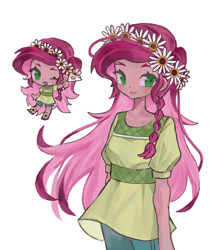 Size: 3000x3500 | Tagged: safe, artist:utttttttoo, derpibooru import, gloriosa daisy, human, equestria girls, g4, chibi, clothes, dress, duality, flag, floral head wreath, flower, one eye closed, open mouth, self paradox, shorts, simple background, smiling, solo, white background, wink