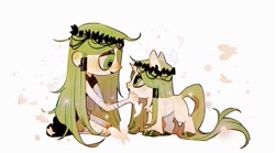 Size: 1439x798 | Tagged: safe, artist:78939859, derpibooru import, butterfly, human, pony, unicorn, bandage, bandaged chest, bandaged leg, chest fluff, clothes, female, filly, floral head wreath, flower, foal, hand on cheek, horn, infp, kneeling, looking at each other, looking at someone, mbti, ponified, self paradox, self ponidox, shirt, shorts, simple background, species swap, unshorn fetlocks, white background