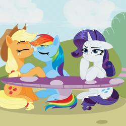 Size: 1919x1919 | Tagged: safe, artist:tunter, derpibooru import, applejack, rainbow dash, rarity, earth pony, pegasus, pony, unicorn, g4, appledash, female, holding hooves, horn, left out, lesbian, mare, mushroom table, nuzzling, shipping, sitting, table, third wheel, trio, trio female, unamused