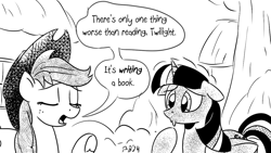 Size: 1200x675 | Tagged: safe, artist:pony-berserker, derpibooru import, applejack, twilight sparkle, twilight sparkle (alicorn), alicorn, earth pony, pony, pony-berserker's twitter sketches, duo, duo female, ears, eyes closed, female, floppy ears, implied book, implied reading, open mouth, pony-berserker's twitter sketches (2024), raised hoof, raised leg, truth, underhoof