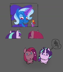 Size: 1054x1190 | Tagged: safe, artist:partyponypower, derpibooru import, pinkie pie, starlight glimmer, trixie, earth pony, pony, unicorn, g4, alternate universe, blue coat, blue eyes, blue mane, cape, clothes, colored, colored eyebrows, colored pupils, dot eyes, female, flat colors, glowing, glowing horn, gray background, hat, horn, lidded eyes, looking down, magic, mare, math, no catchlights, open mouth, pink coat, pink mane, pinkamena diane pie, pinwheel (toy), purple eyes, purple magic, purple pupils, s5 starlight, simple background, smiling, sparkles, telekinesis, thinking, thought bubble, trans female, trans trixie, transgender, trio, trio female, trixie's cape, trixie's hat, two toned mane, unicorn horn