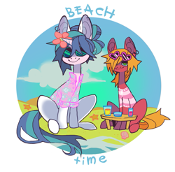 Size: 841x829 | Tagged: safe, artist:cutesykill, derpibooru import, big macintosh, shining armor, earth pony, pony, unicorn, g4, alternate accessories, alternate clothes, alternate hairstyle, beach, beach outfit, blue eyes, blue mane, blue sclera, blue tail, blue text, circle background, clothes, cloud, colored pinnae, colored sclera, day, drink, duo, duo male, ear piercing, earring, flower, flower in hair, glasses, green eyes, hair bun, hair over one eye, hawaiian shirt, heart shaped glasses, hooped earrings, horn, jewelry, lidded eyes, long mane, long mane male, long neck, long tail, male, no catchlights, ocean, orange mane, orange tail, outdoors, piercing, sand, seashell, shirt, sitting, slender, slit eyes, smiling, striped swimsuit, sunglasses, sunglasses on head, swimsuit, table, tail, tall ears, text, thin, tied mane, two toned mane, two toned tail, unicorn horn, wall of tags, water, white coat, wooden table