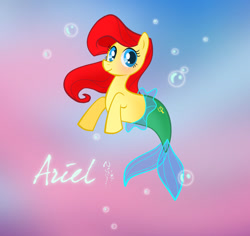 Size: 800x755 | Tagged: safe, artist:nippy13, derpibooru import, merpony, pony, 2011, ariel, bubble, disney, disney princess, dorsal fin, fin, fish tail, flowing mane, flowing tail, looking at you, ocean, ponified, scales, smiling, smiling at you, solo, species swap, swimming, tail, the little mermaid, underwater, water