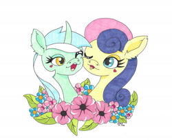 Size: 1920x1561 | Tagged: safe, artist:lomewa, derpibooru import, bon bon, lyra heartstrings, sweetie drops, earth pony, pony, unicorn, g4, 2022, duo, duo female, female, flower, heart, horn, lesbian, lyrabon, mare, shipping, simple background, white background