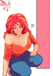 Size: 1400x2000 | Tagged: safe, artist:sozglitch, derpibooru import, sunset shimmer, human, g4, barefoot, big breasts, breasts, cleavage, clothes, denim, eyes closed, feet, female, hand on leg, hand on thigh, huge breasts, humanized, jeans, light skin, looking at you, nail polish, off shoulder, pants, simple background, smiling, smiling at you, solo, sunset jiggler, white background