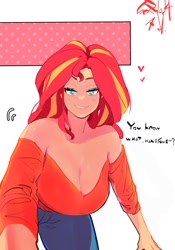 Size: 1400x2000 | Tagged: safe, artist:sozglitch, derpibooru import, sunset shimmer, human, g4, bedroom eyes, big breasts, breasts, cleavage, clothes, denim, dialogue, female, floating heart, heart, huge breasts, humanized, jeans, light skin, looking at you, off shoulder, pants, simple background, smiling, smiling at you, solo, sunset jiggler, talking to viewer, white background