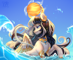 Size: 2200x1800 | Tagged: safe, artist:ryusya, derpibooru import, oc, pegasus, snake, cleopatra, crepuscular rays, depth of field, egyptian, egyptian pony, gold, long hair, ocean, outdoors, partially submerged, sky, solo, sparkles, splash, spread wings, sun, sunlight, swimming, water, wave, wet, wings