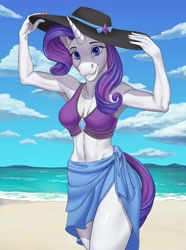 Size: 3504x4716 | Tagged: safe, artist:tauts05, derpibooru import, rarity, anthro, beach, hat, ocean, rarity's blue sarong, rarity's purple bikini, solo, water