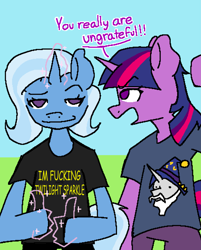 Size: 3547x4408 | Tagged: safe, artist:foxtrnal, derpibooru import, star swirl the bearded, trixie, twilight sparkle, unicorn twilight, semi-anthro, unicorn, g4, angry, danny smoke in furry land, dialogue, hand, high res, horn, magic, magic hands, meme, redraw, simple background, smug, text, thumbs up, vulgar