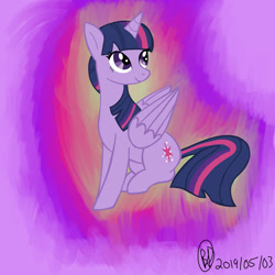 Size: 1280x1280 | Tagged: safe, artist:bunbunmuffins, derpibooru import, twilight sparkle, twilight sparkle (alicorn), alicorn, pony, g4, 2019, abstract background, female, folded wings, mare, sitting, smiling, solo, wings